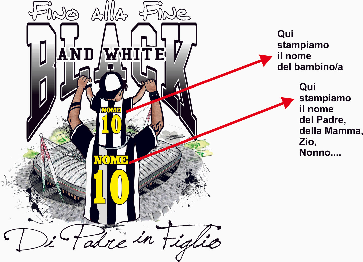 Kit Due magliette bianche per il tifoso bianconero con stampa personalizzata del nome