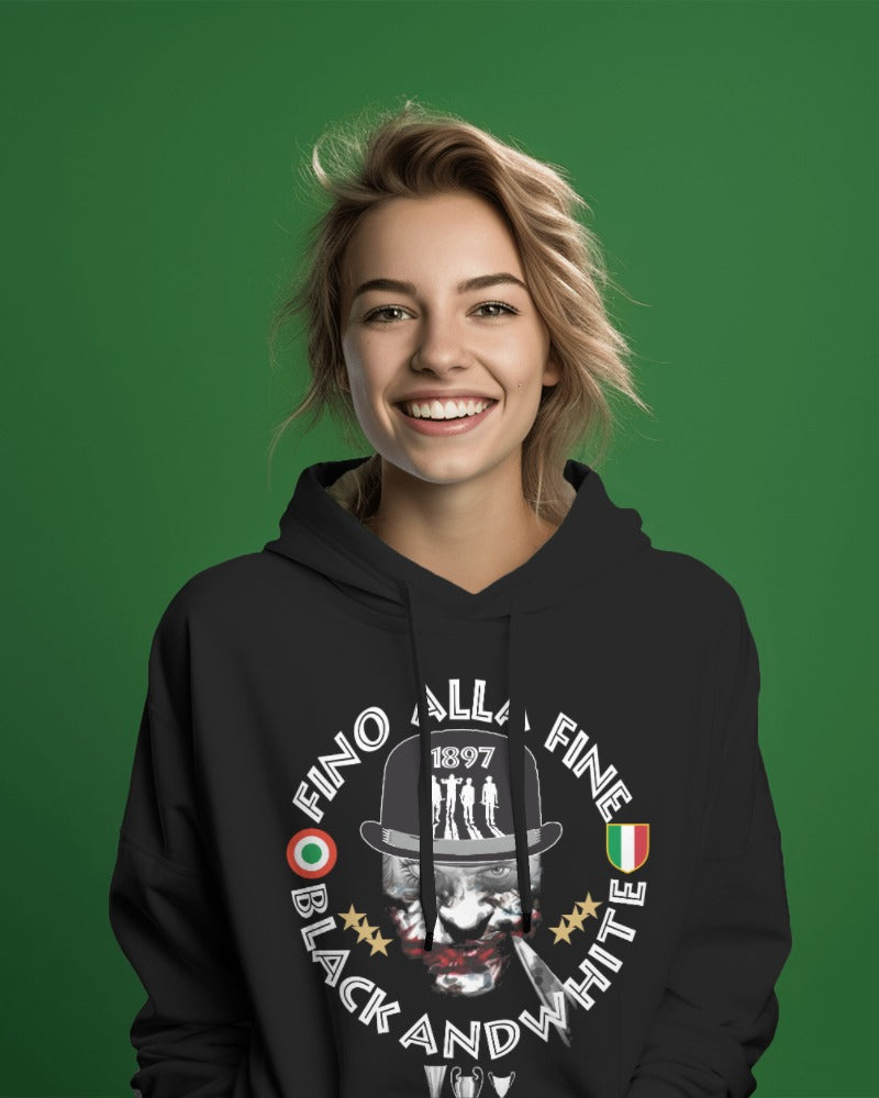Felpa CON MARSUPIO E CAPPUCCIO DA ADULTO con stampa sia davanti sia retro curva juventina