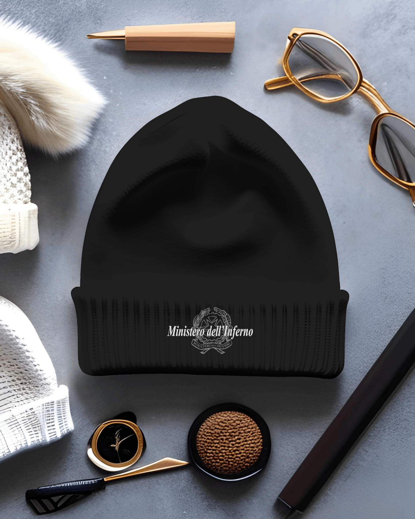 Cappellino invernale in maglia con stampa Ministero dell'inferno