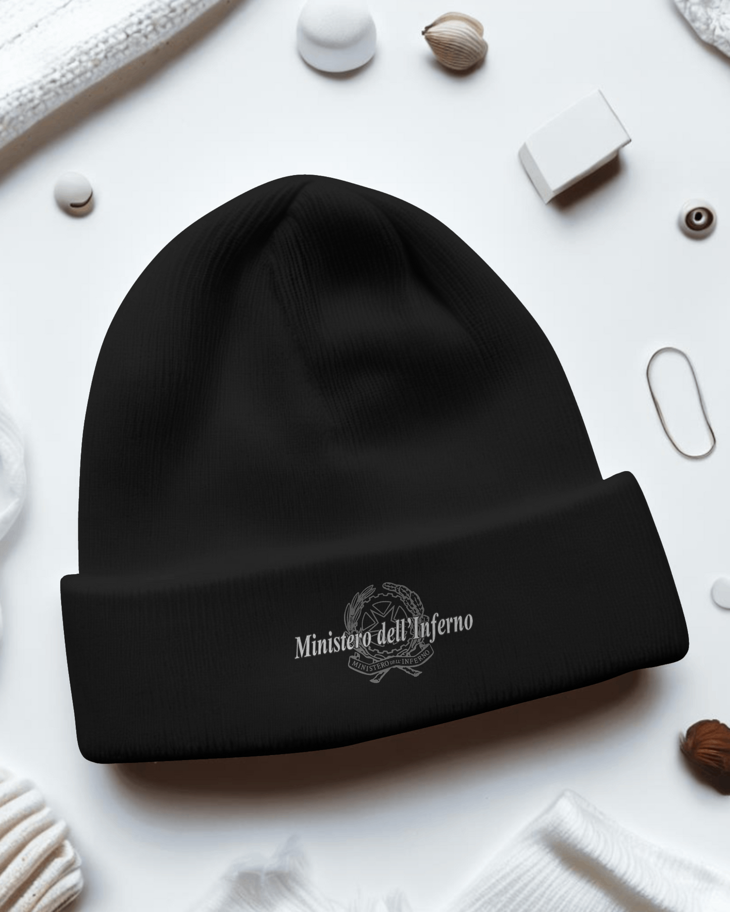 Cappellino invernale in maglia con stampa Ministero dell'inferno