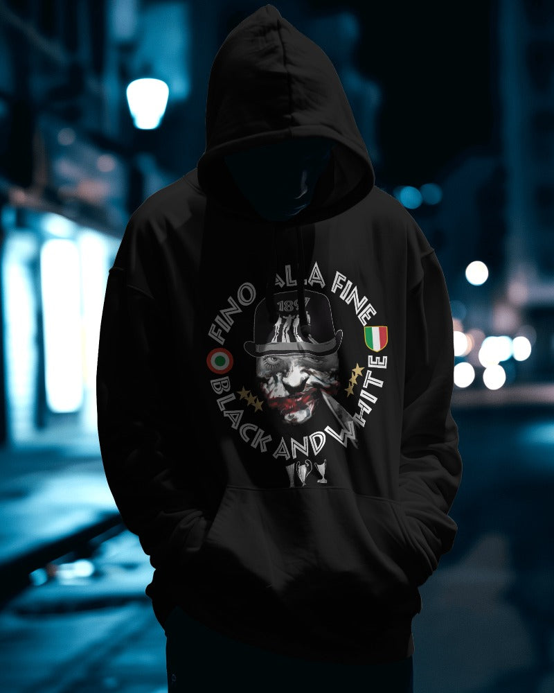 Felpa CON MARSUPIO E CAPPUCCIO DA ADULTO con stampa sia davanti sia retro curva juventina