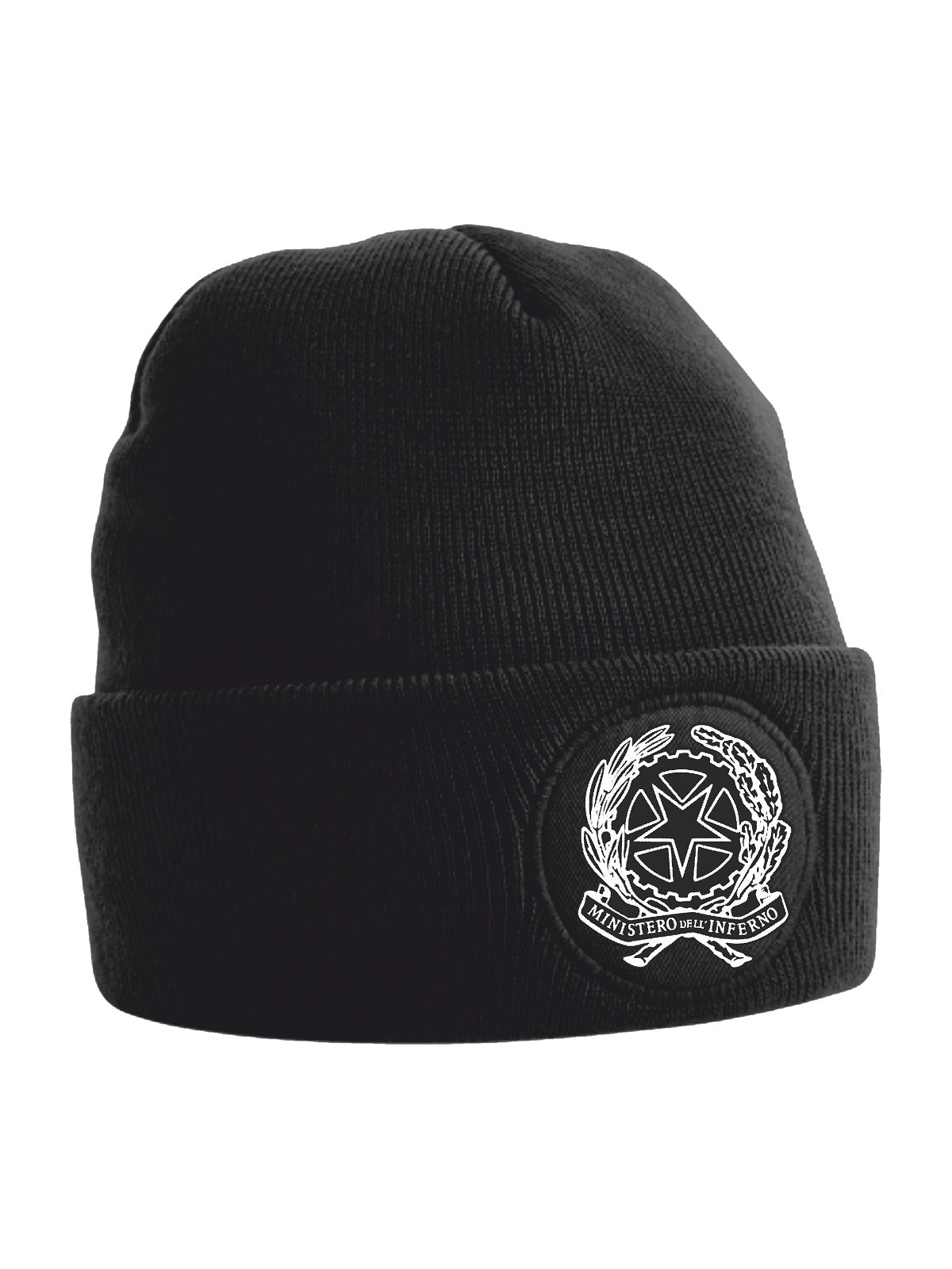 Cappellino invernale in maglia con stampa Ministero dell'inferno