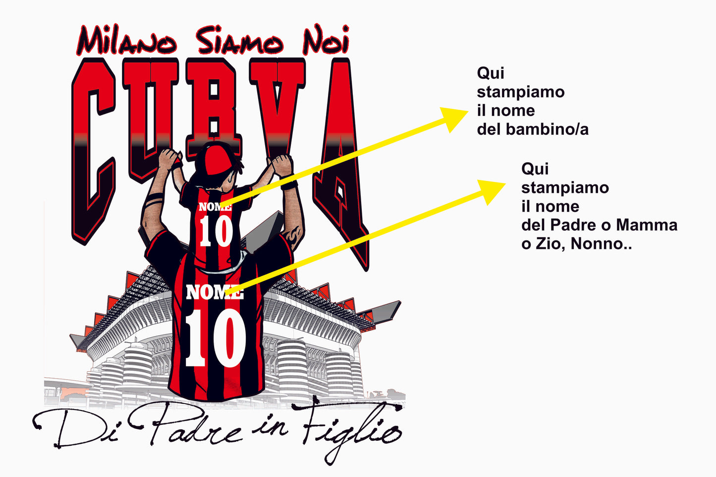 Kit Due magliette bianche per il tifoso rossonero con stampa personalizzata del nome
