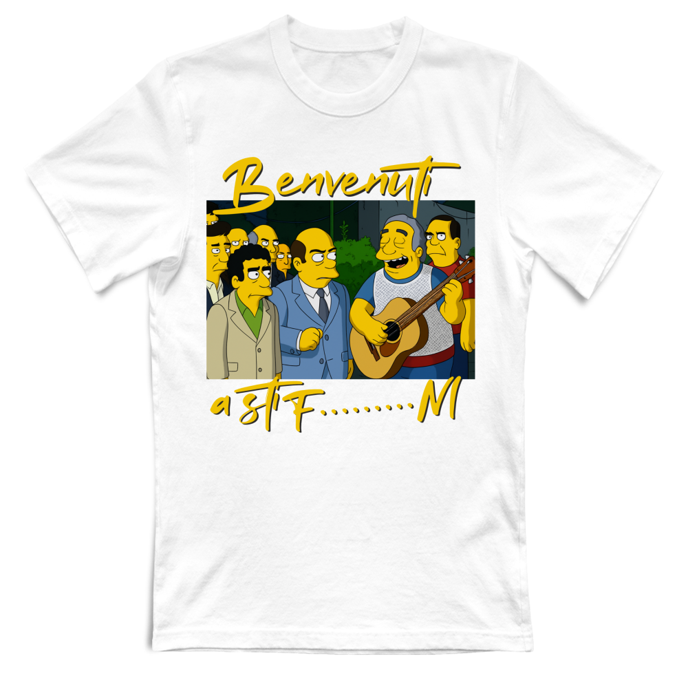 Maglietta BIANCA con la stampa Benvenuti a sti....effetto simpsonizzato