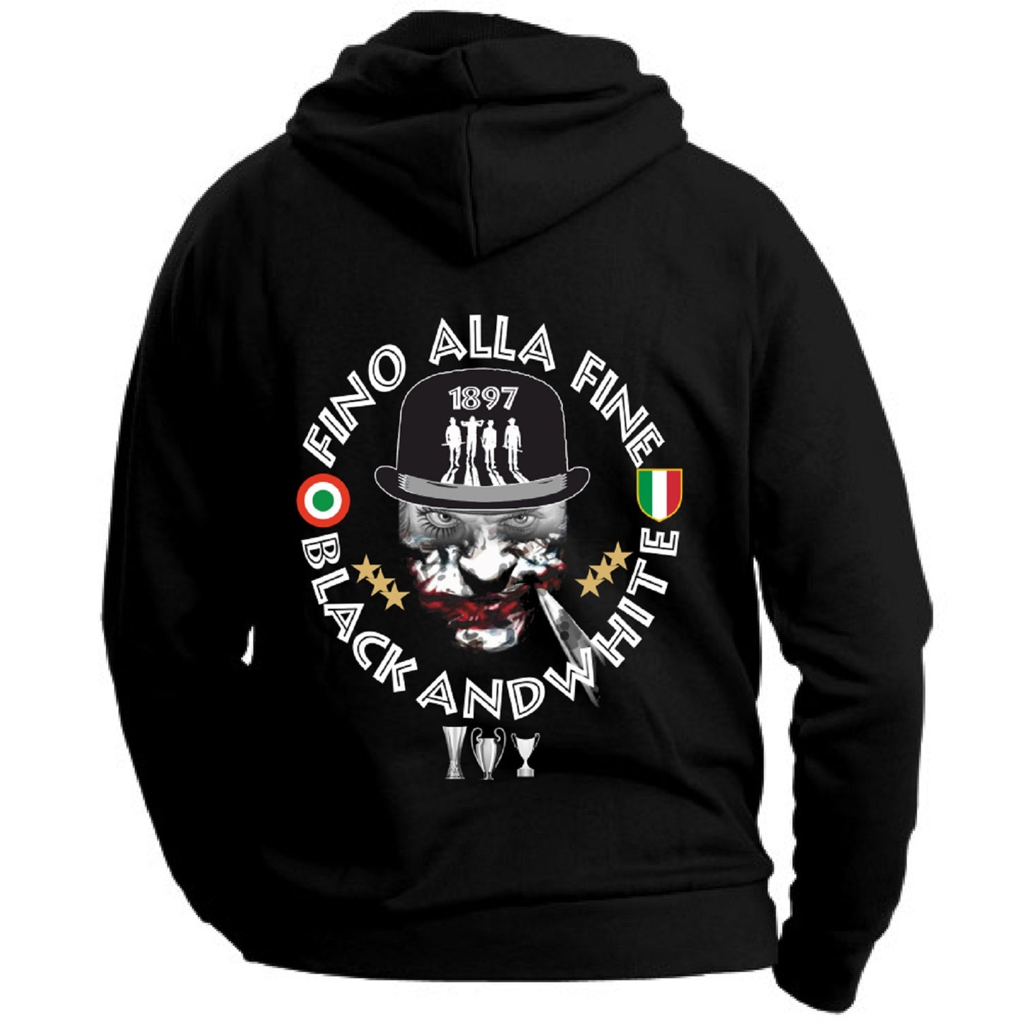 Felpa CON MARSUPIO E CAPPUCCIO DA ADULTO con stampa sia davanti sia retro curva juventina