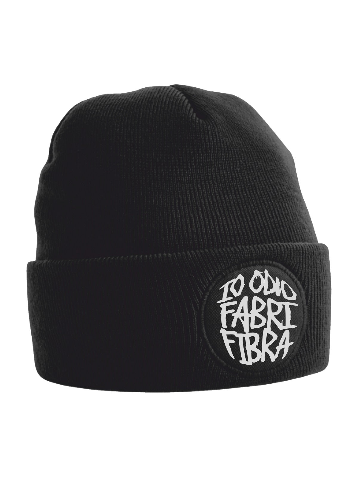 Cappellino invernale in maglia con stampa Io odio fabri fibra