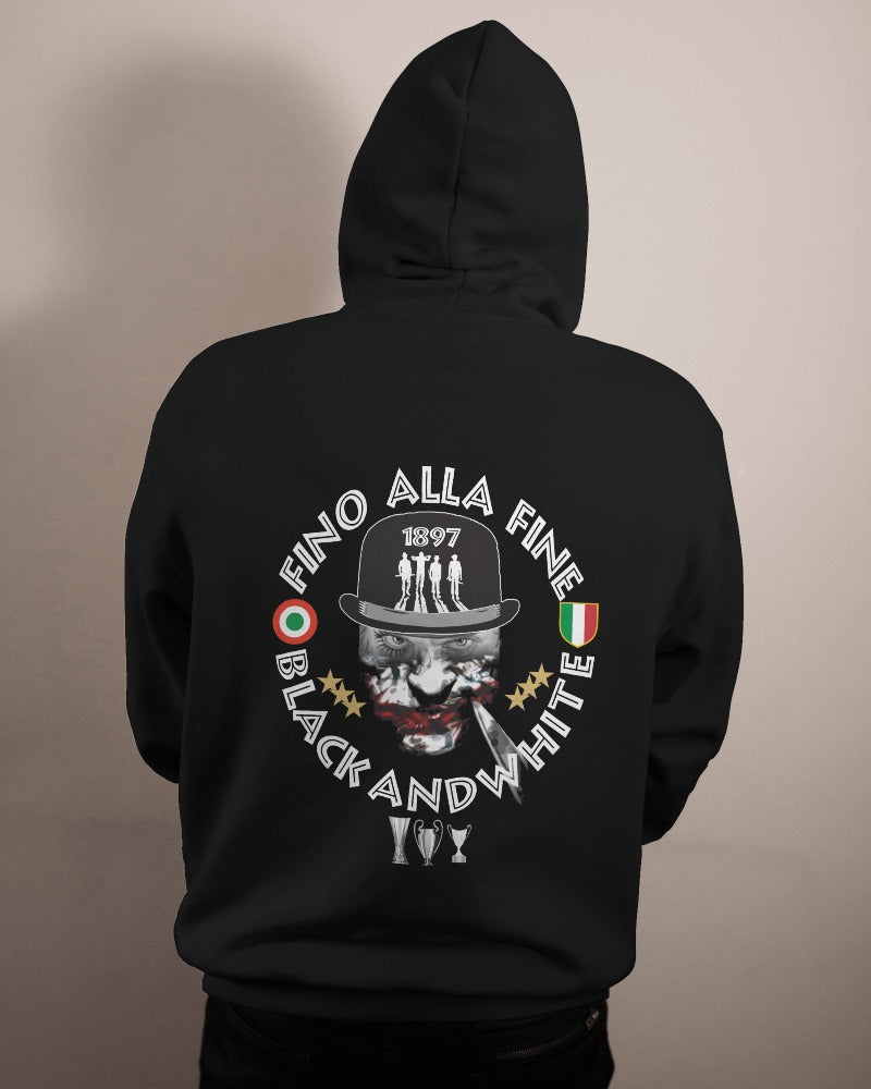 Felpa CON MARSUPIO E CAPPUCCIO DA ADULTO con stampa sia davanti sia retro curva juventina