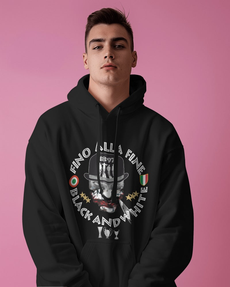 Felpa CON MARSUPIO E CAPPUCCIO DA ADULTO con stampa sia davanti sia retro curva juventina