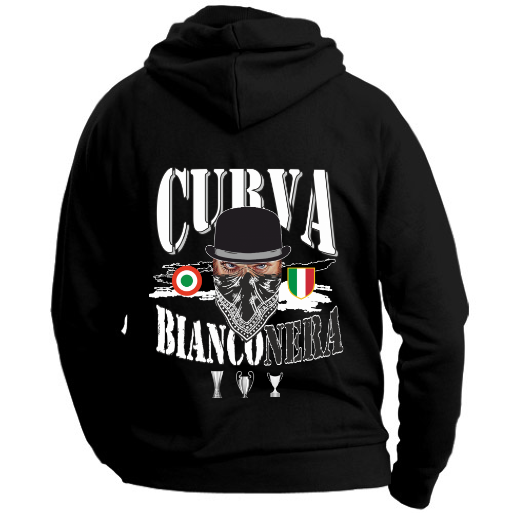 Felpa CON MARSUPIO E CAPPUCCIO DA ADULTO con stampa sia davanti sia retro curva juventina