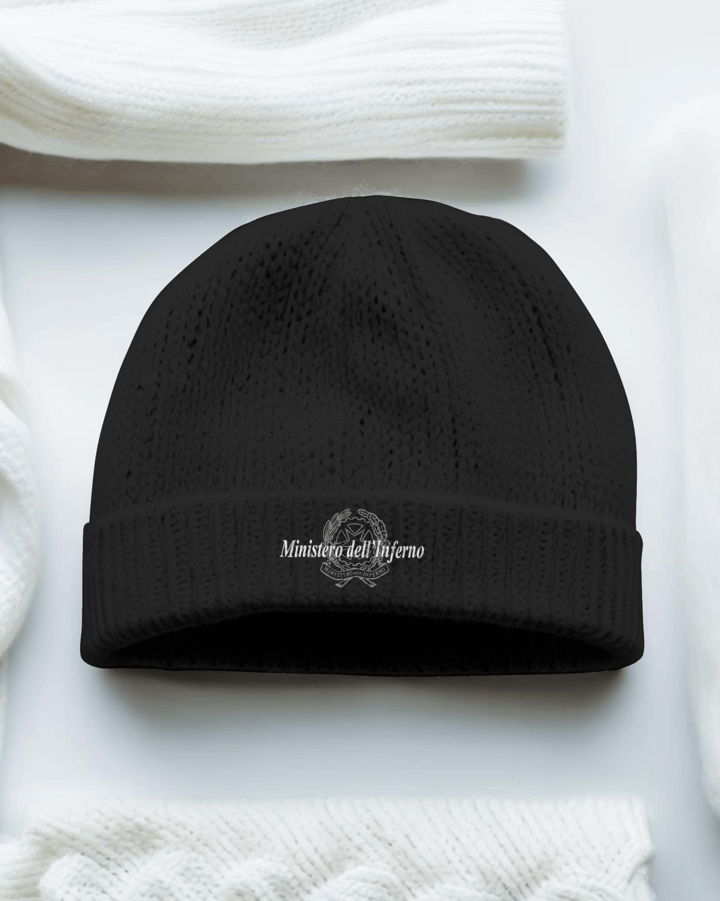 Cappellino invernale in maglia con stampa Ministero dell'inferno