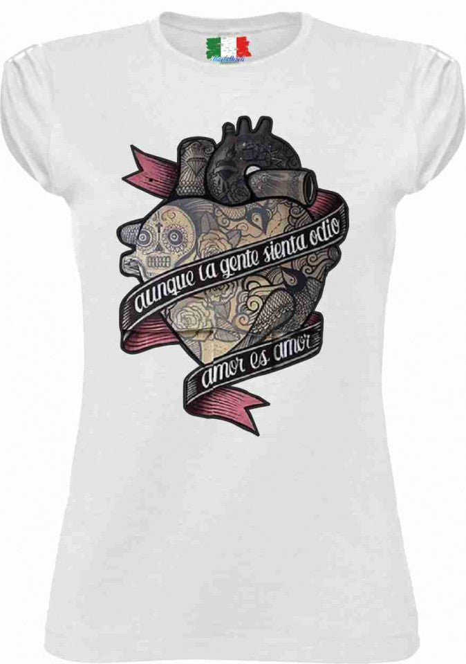 MAGLIETTA COTONE FIAMMATO DA DONNA MANICHE ARRICCIATE TITOLO AMOR ES AMOR