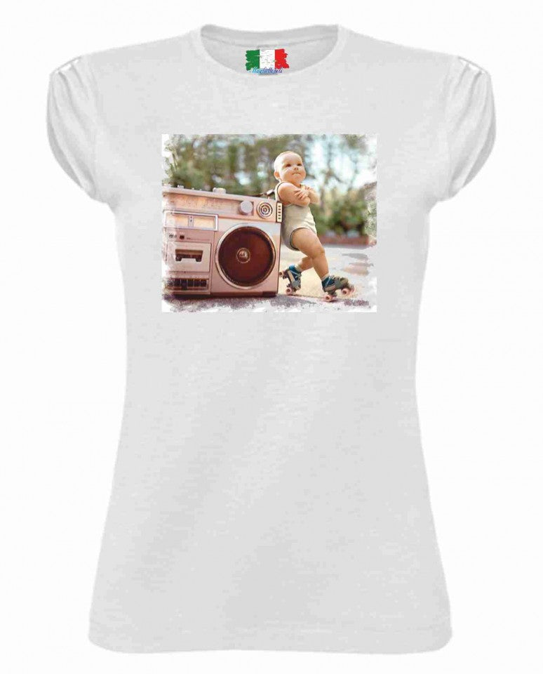 MAGLIETTA COTONE FIAMMATO DA DONNA MANICHE ARRICCIATE TITOLO HAPPY MUSIC