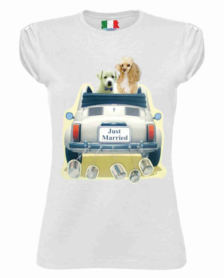 MAGLIETTA COTONE FIAMMATO DA DONNA MANICHE ARRICCIATE TITOLO JUST MARRIED