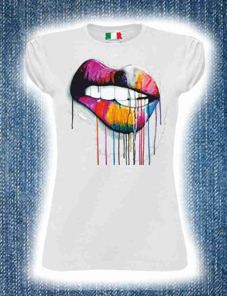 MAGLIETTA COTONE FIAMMATO DA DONNA MANICHE ARRICCIATE TITOLO LABBRA A COLORI