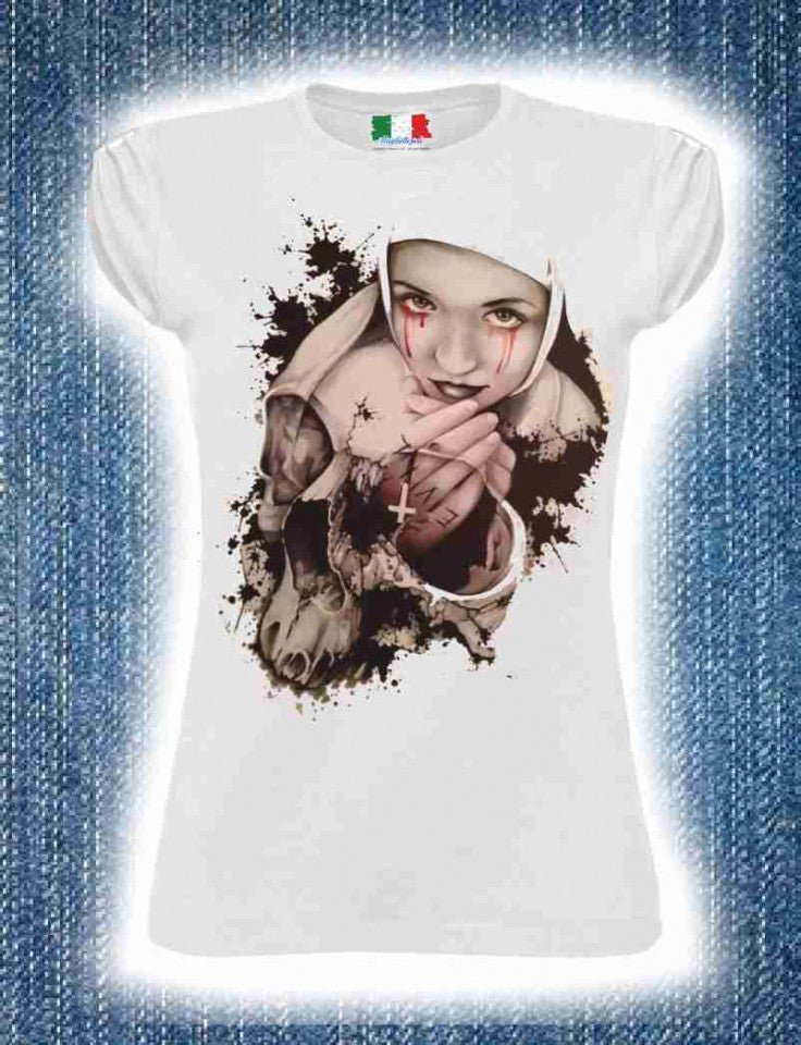 MAGLIETTA COTONE FIAMMATO DA DONNA MANICHE ARRICCIATE TITOLO LACRIME COLORATE