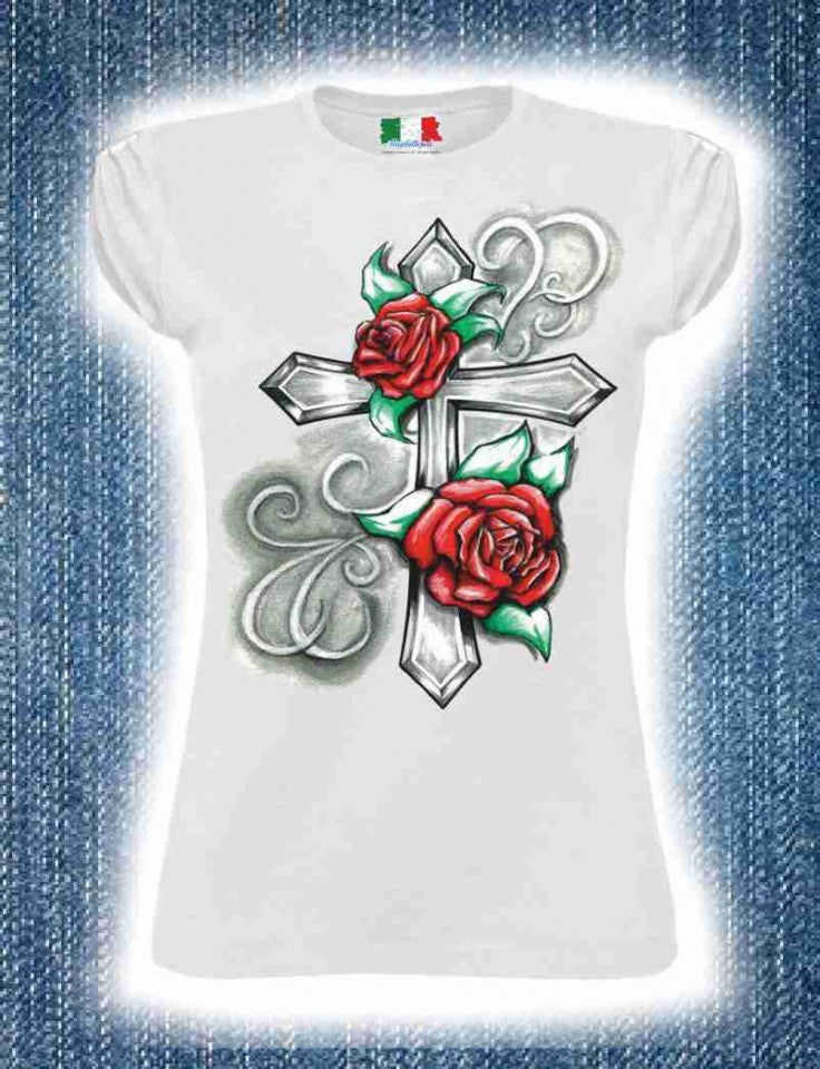 MAGLIETTA COTONE FIAMMATO DA DONNA MANICHE ARRICCIATE TITOLO ROSA E CROCE