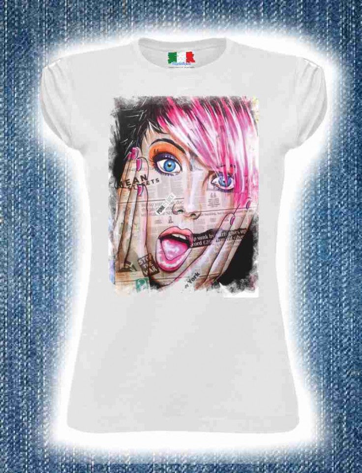 MAGLIETTA COTONE FIAMMATO DA DONNA MANICHE ARRICCIATE TITOLO WAOOO