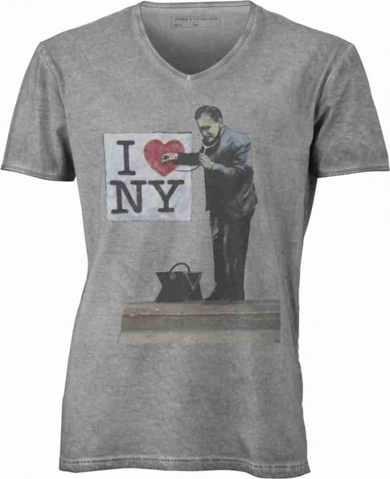 T-shirt con scollo a v, 100% cotone single jersey con stampa