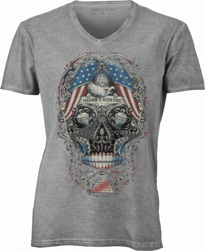 T-shirt con scollo a v, 100% cotone single jersey con stampa