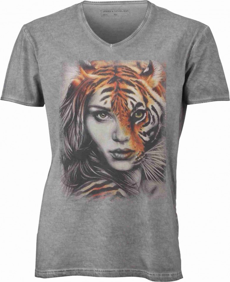 T-shirt con scollo a v, 100% cotone single jersey con stampa