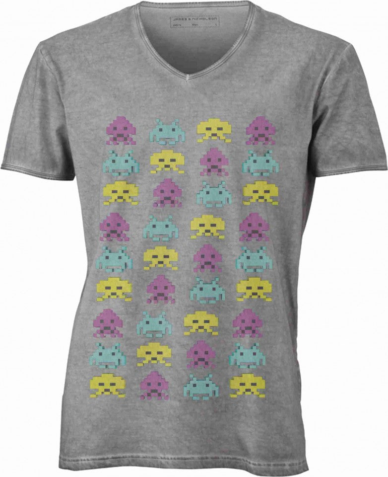 T-shirt con scollo a v, 100% cotone single jersey VINTAGE con stampa MOTIVO NERD