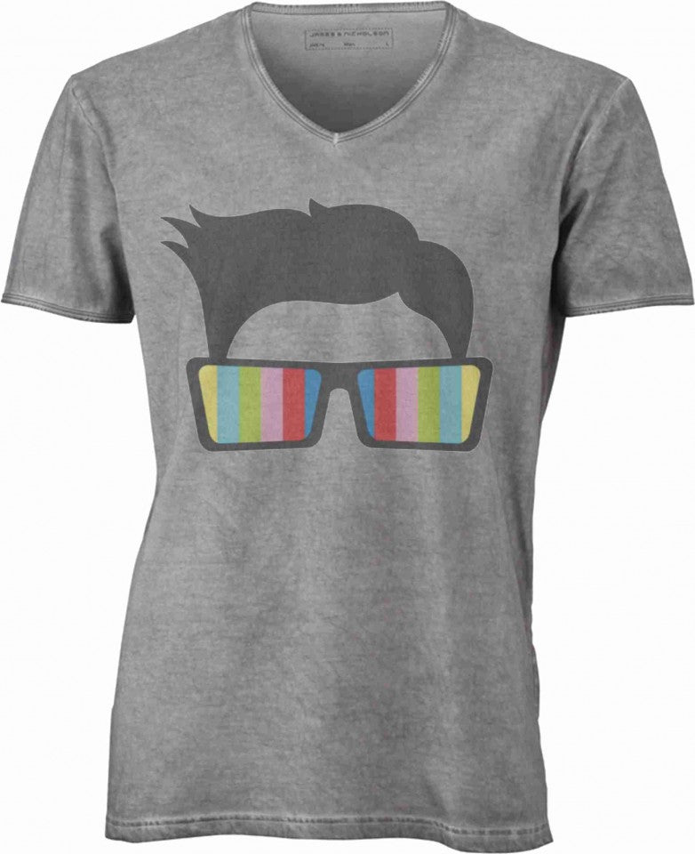 T-shirt con scollo a v, 100% cotone single jersey VINTAGE con stampa MOTIVO NERD