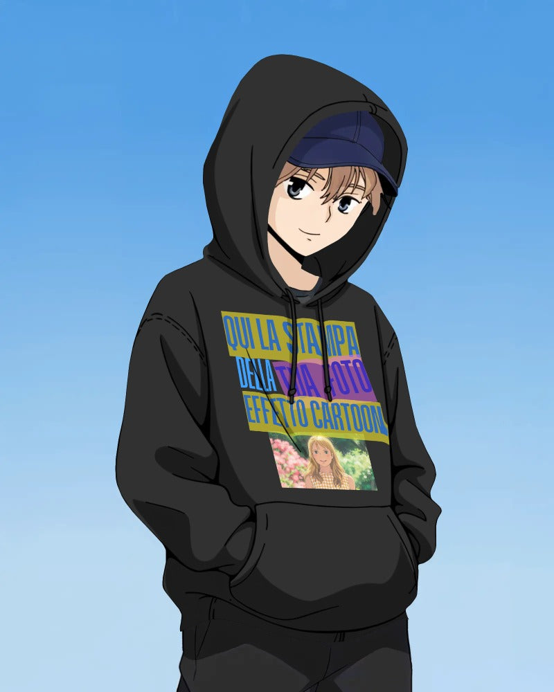 Felpa nera con cappuccio e marsupio personalizzabile effetto CARTOON