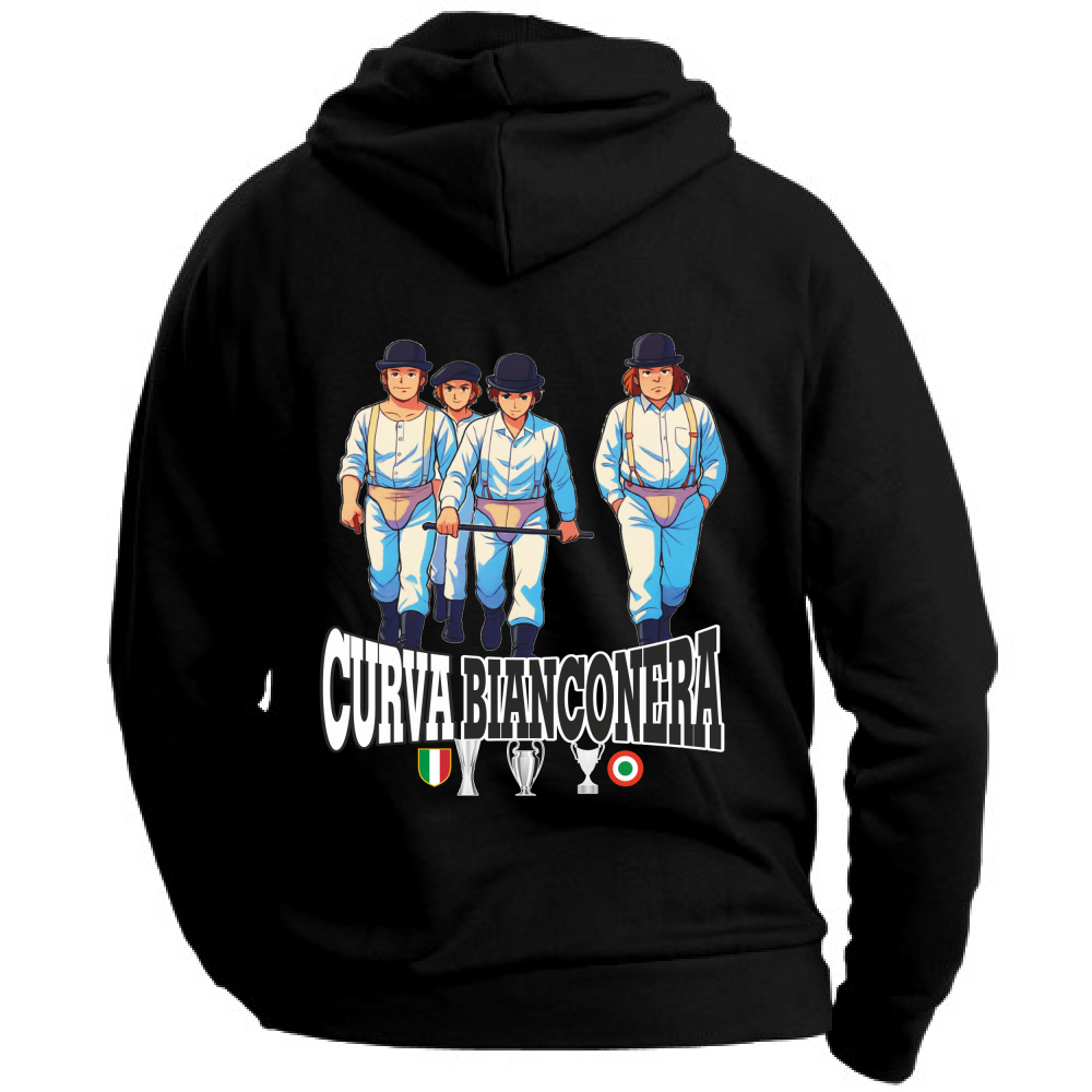 Felpa CON MARSUPIO E CAPPUCCIO DA ADULTO con stampa sia davanti sia retro CURVA BIANCONERA