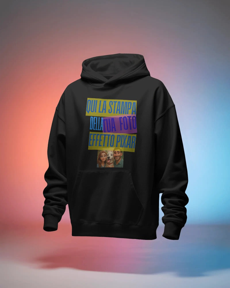 Felpa nera con cappuccio e marsupio personalizzabile effetto PIXAR