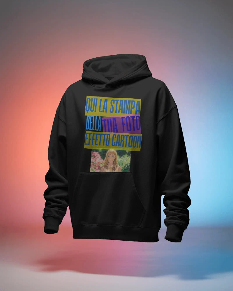Felpa nera con cappuccio e marsupio personalizzabile effetto CARTOON