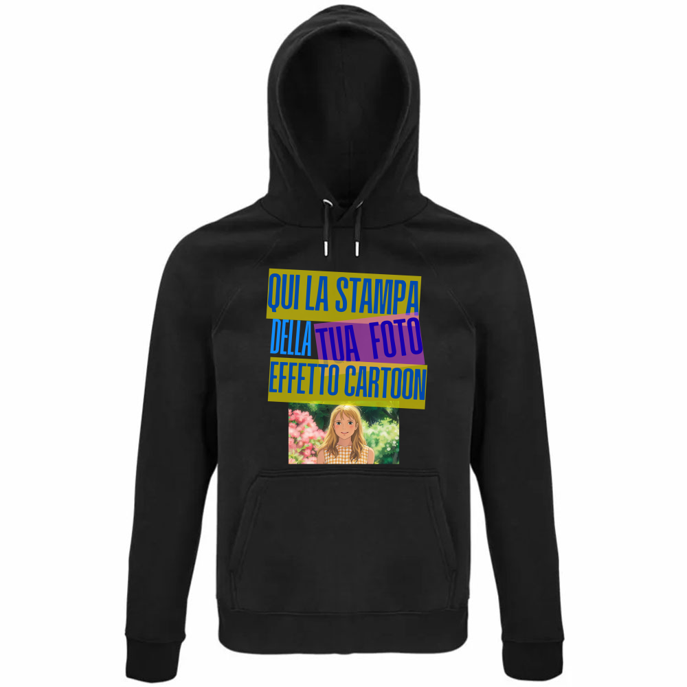 Felpa nera con cappuccio e marsupio personalizzabile effetto CARTOON