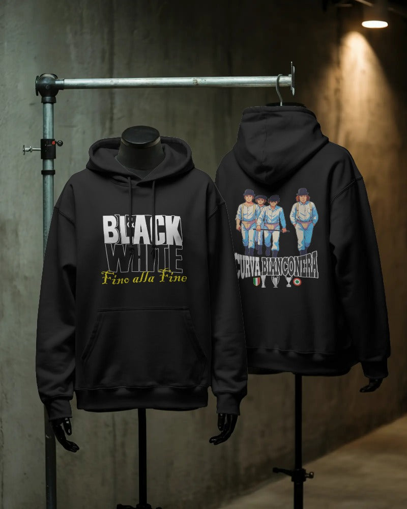 Felpa CON MARSUPIO E CAPPUCCIO DA ADULTO con stampa sia davanti sia retro CURVA BIANCONERA