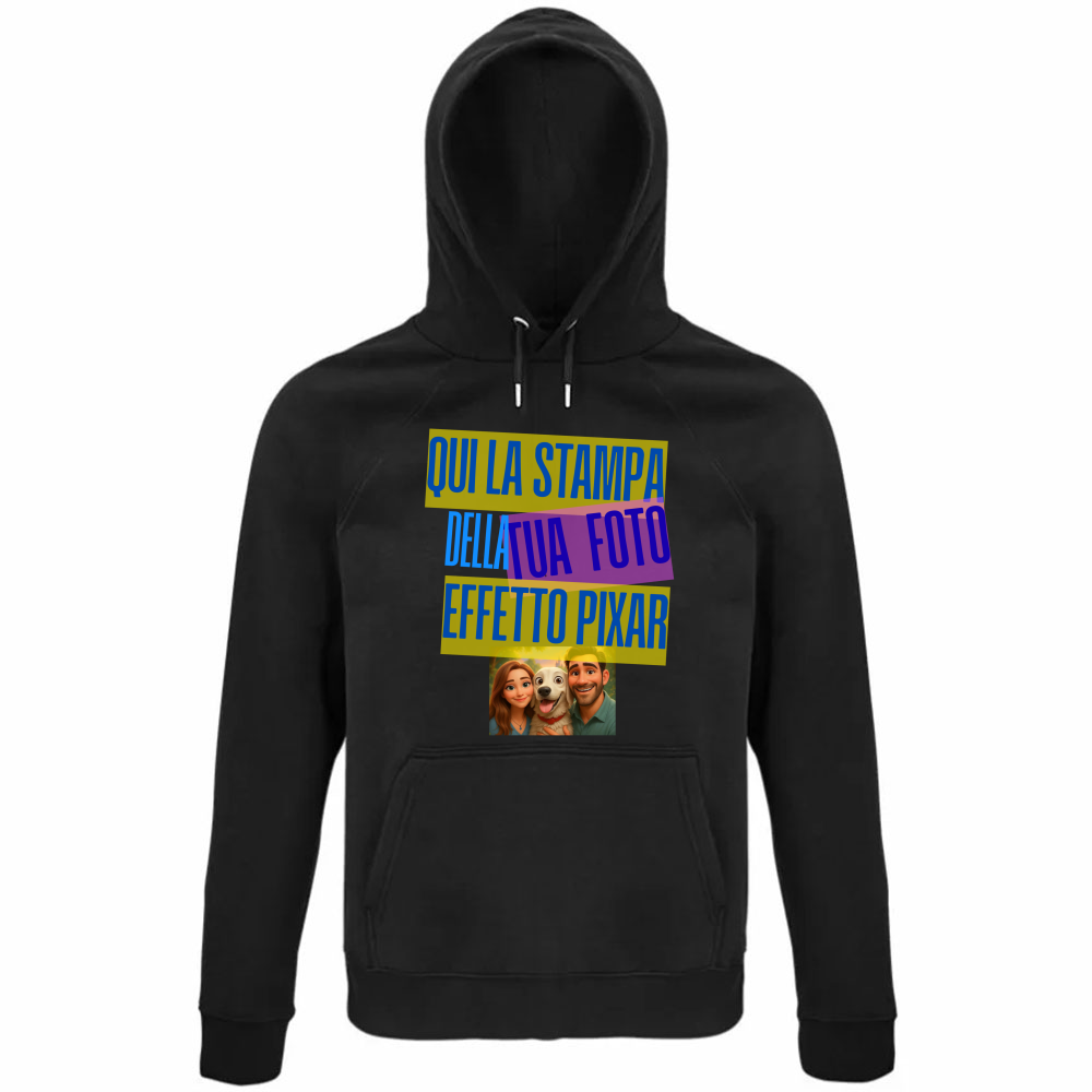 Felpa nera con cappuccio e marsupio personalizzabile effetto PIXAR