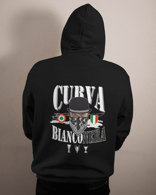 Felpa CON MARSUPIO E CAPPUCCIO DA ADULTO con stampa sia davanti sia retro curva juventina