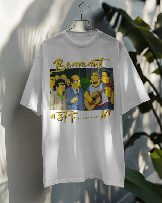 Maglietta BIANCA con la stampa Benvenuti a sti....effetto simpsonizzato