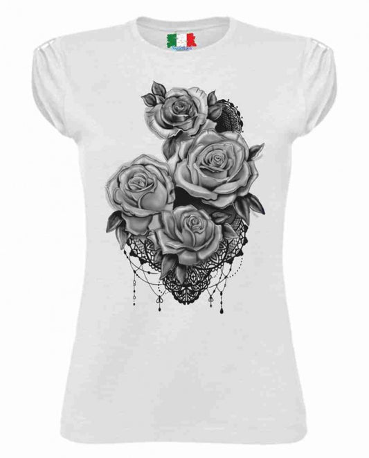 MAGLIETTA COTONE FIAMMATO DA DONNA MANICHE ARRICCIATE TITOLO ROSE B/N