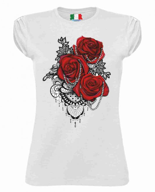 MAGLIETTA COTONE FIAMMATO DA DONNA MANICHE ARRICCIATE TITOLO ROSE ROSSE