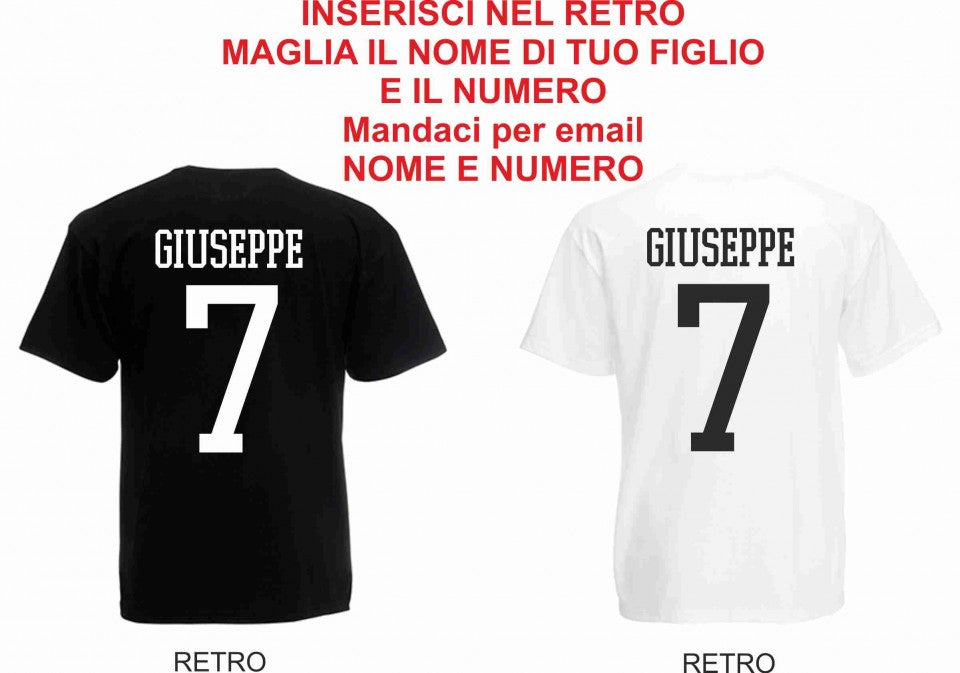 MAGLIETTA "CR7" 100% COTONE BIMBO/A CON STAMPA PERSONALIZZATA SU RETRO