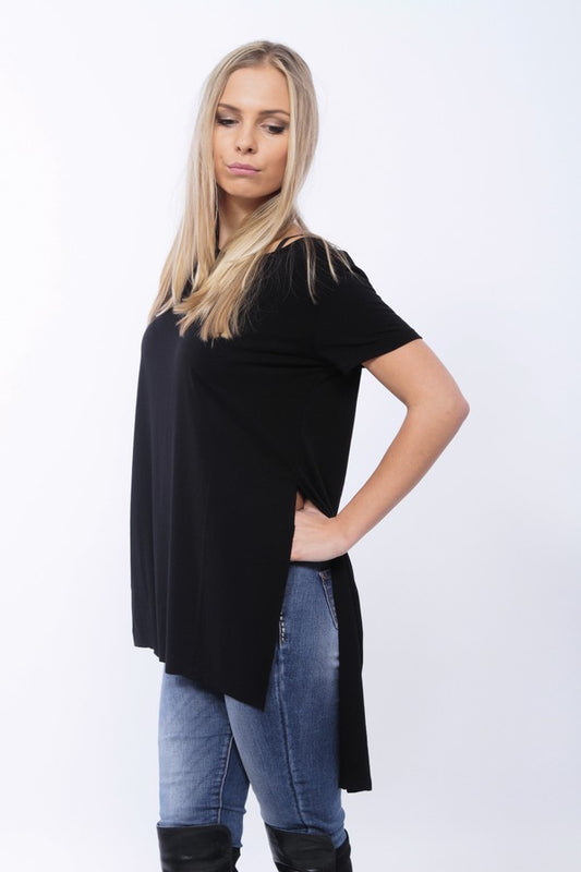MODA DONNA MAGLIA MODAL BACK LONGER SCOLLATURA TONDA MANICA CORTA VESTI - IT682 - DONNA
