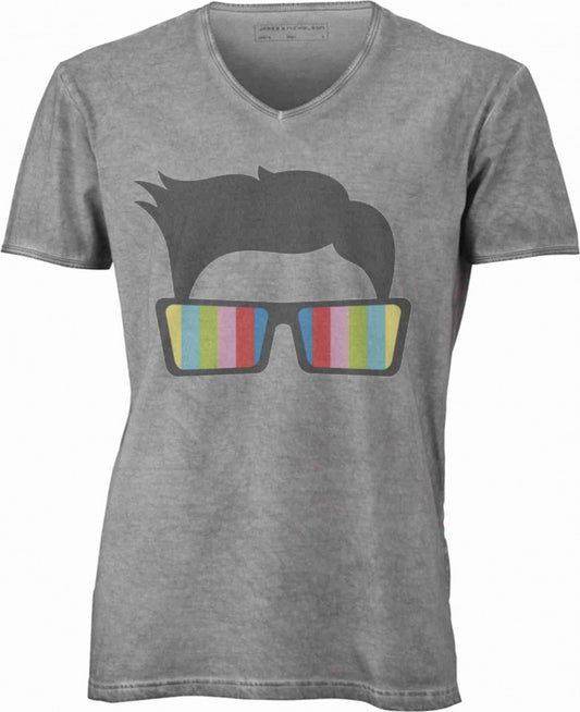 T-shirt con scollo a v, 100% cotone single jersey VINTAGE con stampa MOTIVO NERD