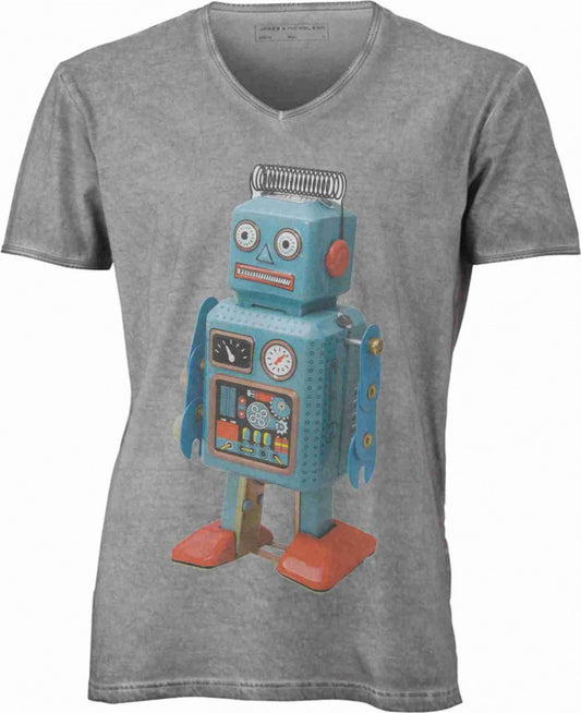 T-shirt con scollo a v, 100% cotone single jersey VINTAGE con stampa MOTIVO NERD